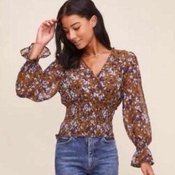 Astr Tops - ASTR Brown/Olive and Blue Floral Blouse